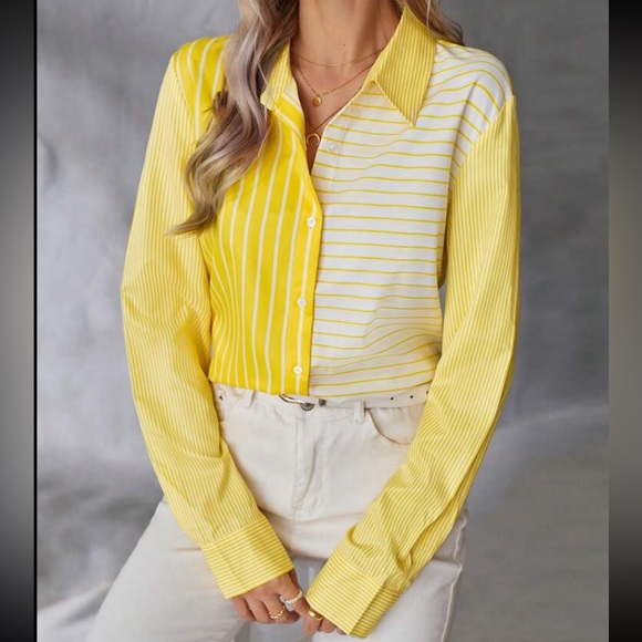 Classic Top Blouse Button Down Shirt Yellow White - Picture 5 of 10